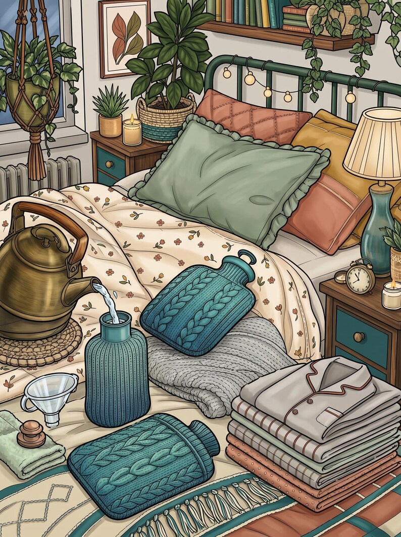 May include: A brass kettle pouring water into a blue ribbed glass bottle, two blue cable-knit hot water bottles, a clear funnel, a folded green towel, and a stack of folded pajamas on a floral bedspread with pillows and a lamp in a bedroom.