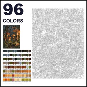 May include: A paint-by-numbers kit featuring 96 colors with a color reference chart and a large, detailed line art canvas depicting a forest scene with mushroom houses. The text 96 COLORS is printed in large dark letters at the top left corner.