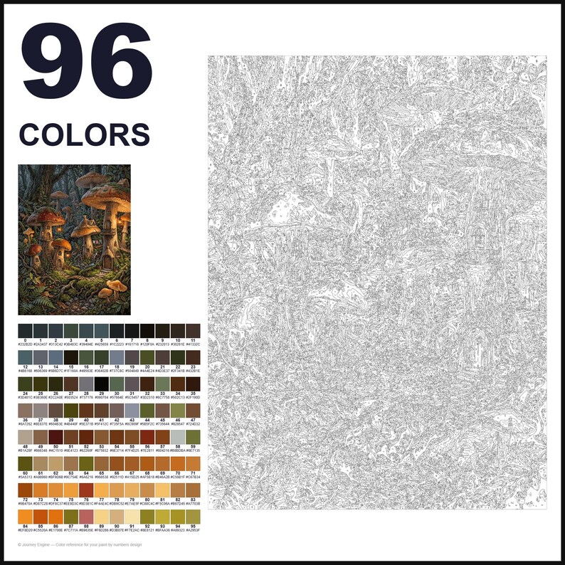 May include: A paint-by-numbers kit featuring 96 colors with a color reference chart and a large, detailed line art canvas depicting a forest scene with mushroom houses. The text 96 COLORS is printed in large dark letters at the top left corner.