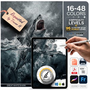 Great White Shark Paint by Number Digital | 5 Levels 16-96 Colors | Svg Pdf Png Procreate | Ocean Predator Dark Art Printable Adult Coloring