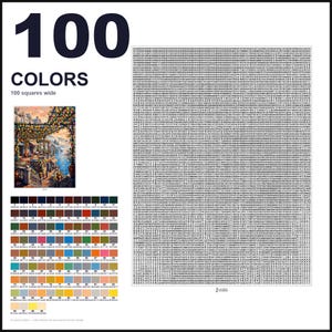 May include: A paint-by-numbers kit featuring a large grid of numbers, a color reference chart with 100 distinct color swatches labeled 0-99, and a small preview image of a Mediterranean terrace scene with hanging lanterns and a coastal view.