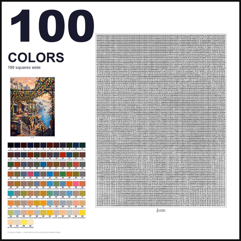 May include: A paint-by-numbers kit featuring a large grid of numbers, a color reference chart with 100 distinct color swatches labeled 0-99, and a small preview image of a Mediterranean terrace scene with hanging lanterns and a coastal view.