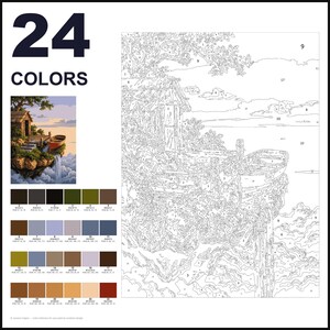 May include: A paint-by-numbers kit featuring a landscape of a floating island with a small cabin, a boat, and a waterfall. The design includes 24 numbered color swatches and a large outlined canvas with corresponding numbers for each section to be filled.