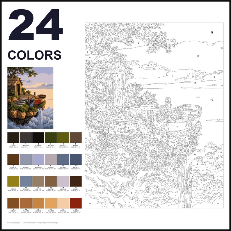 May include: A paint-by-numbers kit featuring a landscape of a floating island with a small cabin, a boat, and a waterfall. The design includes 24 numbered color swatches and a large outlined canvas with corresponding numbers for each section to be filled.