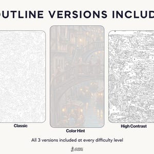 May include: Three paint-by-number templates labeled 3 OUTLINE VERSIONS INCLUDED. The left is a Classic light gray outline, the center is a Color Hint version with a faint canal scene, and the right is a High Contrast black outline version.