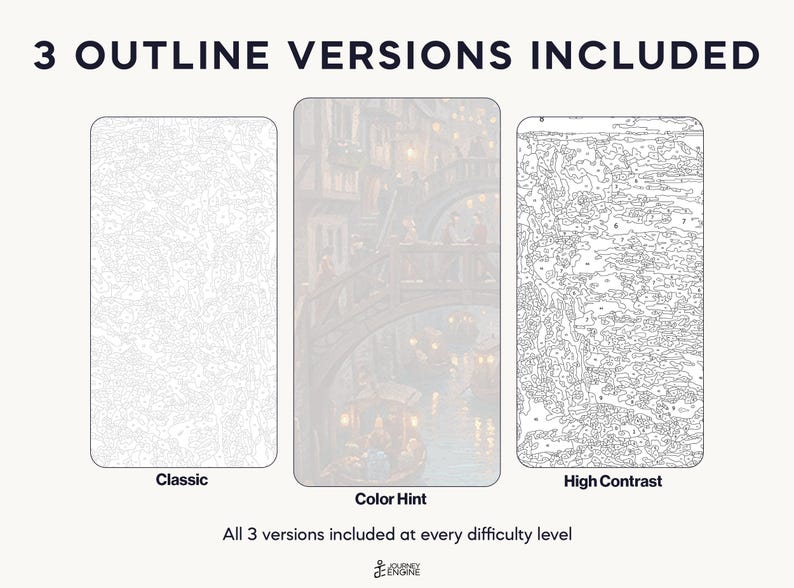 May include: Three paint-by-number templates labeled 3 OUTLINE VERSIONS INCLUDED. The left is a Classic light gray outline, the center is a Color Hint version with a faint canal scene, and the right is a High Contrast black outline version.