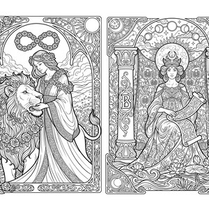 May include: A black and white line art illustration featuring two rectangular panels. The left panel shows a figure with a lion adorned with roses and an infinity symbol. The right panel depicts a figure holding a scroll between two pillars with the letters B and J, surrounded by lotus flowers and a moon phase cycle.