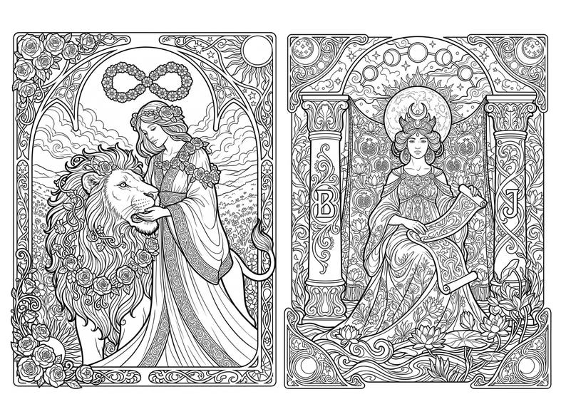 May include: A black and white line art illustration featuring two rectangular panels. The left panel shows a figure with a lion adorned with roses and an infinity symbol. The right panel depicts a figure holding a scroll between two pillars with the letters B and J, surrounded by lotus flowers and a moon phase cycle.