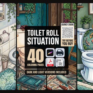 May include: A digital collection of 40 colouring pages titled Toilet Roll Situation, featuring illustrations of bathroom scenes with toilets, plants, and decor. The graphic includes icons for PDF, PNG, and Procreate formats, plus a QR code.