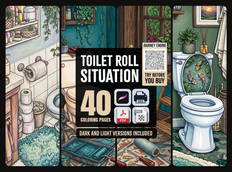May include: A digital collection of 40 colouring pages titled Toilet Roll Situation, featuring illustrations of bathroom scenes with toilets, plants, and decor. The graphic includes icons for PDF, PNG, and Procreate formats, plus a QR code.
