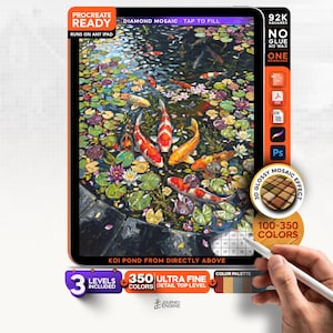 May include: A digital diamond mosaic art file for iPad featuring a koi pond with orange, white, and black fish among lily pads. The interface displays text including Procreate Ready, 92K Squares, No Glue No Wax, and Koi Pond From Directly Above.