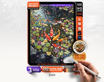 Digital Diamond Painting for iPad, Koi Pond Aerial Mosaic, Zen Color by Number Procreate File, 3 Color Levels, Digital Download
