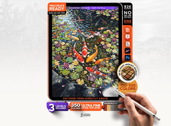 Koi Pond, Aerial View digital diamond painting mystery mosaic for iPad, Zen Mosaic