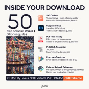 May include: A digital download package containing 50 files across 3 levels and 3 bonus guides. Includes SVG outlines, 9 layered PSDs, PDF print-ready files, high-resolution PNGs, Procreate swatches, and a finished artwork reference of a carousel.