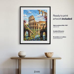 May include: A framed digital art print of the Roman Colosseum surrounded by a pond with lily pads and blooming flowers. The text on the right reads: Ready to print artwork included, High-resolution PNG + PDF sized for A3, Scalable SVG poster print up to 60x90 cm, No numbers, no outlines just the finished art.