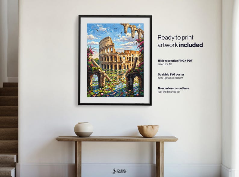 May include: A framed digital art print of the Roman Colosseum surrounded by a pond with lily pads and blooming flowers. The text on the right reads: Ready to print artwork included, High-resolution PNG + PDF sized for A3, Scalable SVG poster print up to 60x90 cm, No numbers, no outlines just the finished art.