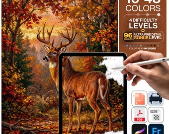 Deer Paint by Numbers Digital | 5 Levels 16-96 Colors | Svg Pdf Png Procreate | Whitetail Stag Autumn Forest Printable Wall Art