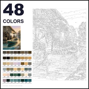 May include: A paint-by-numbers kit featuring a numbered outline of a stone watermill, a wooden boat, and laundry hanging on a line. The set includes a small color reference image, a palette of 48 numbered paint colors, and the text 48 COLORS.