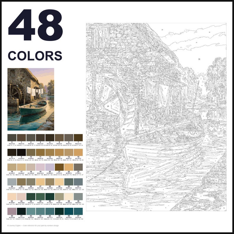 May include: A paint-by-numbers kit featuring a numbered outline of a stone watermill, a wooden boat, and laundry hanging on a line. The set includes a small color reference image, a palette of 48 numbered paint colors, and the text 48 COLORS.