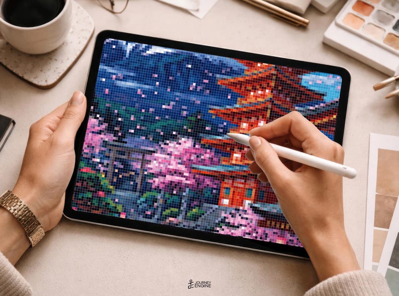 May include: A digital tablet displaying a pixel art illustration of a Japanese pagoda and cherry blossom trees in shades of red, pink, blue, and green. A white stylus is held against the screen, which also features a torii gate and mountains.