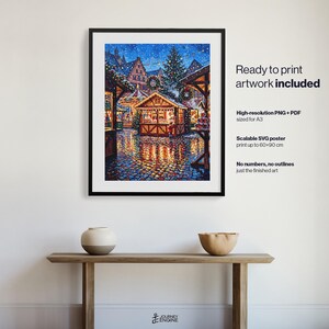 May include: A framed digital art print depicting a vibrant Christmas market scene at night with illuminated wooden stalls, a decorated tree, and cobblestone streets. The text reads: Ready to print artwork included, High-resolution PNG + PDF sized for A3, Scalable SVG poster print up to 60x90 cm, No numbers, no outlines just the finished art.