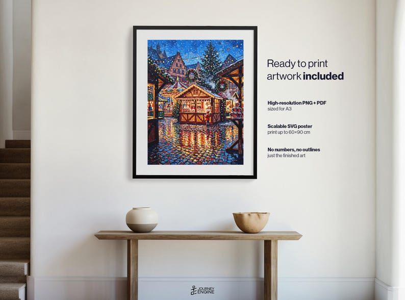 May include: A framed digital art print depicting a vibrant Christmas market scene at night with illuminated wooden stalls, a decorated tree, and cobblestone streets. The text reads: Ready to print artwork included, High-resolution PNG + PDF sized for A3, Scalable SVG poster print up to 60x90 cm, No numbers, no outlines just the finished art.