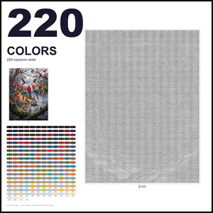 May include: A paint-by-numbers pattern featuring 220 colors and a 220 squares wide grid. The design includes a small reference image of colorful parrots in a jungle setting, a large grid of symbols, and a color key with numbered swatches.