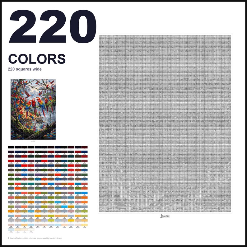 May include: A paint-by-numbers pattern featuring 220 colors and a 220 squares wide grid. The design includes a small reference image of colorful parrots in a jungle setting, a large grid of symbols, and a color key with numbered swatches.
