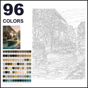 May include: A paint-by-numbers kit featuring a 96-color palette and a line-art template of a stone watermill with a boat docked in a canal. The design includes a small color reference image showing the finished scene with laundry hanging.