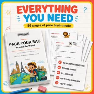 May include: A book titled Journey Engine Chapter 3 Pack Your Bag Around the World with a cartoon traveler, landmarks, and a globe on the cover. Beside it are loose quiz pages and a card listing 250 multiple choice questions and 10 themed chapters.
