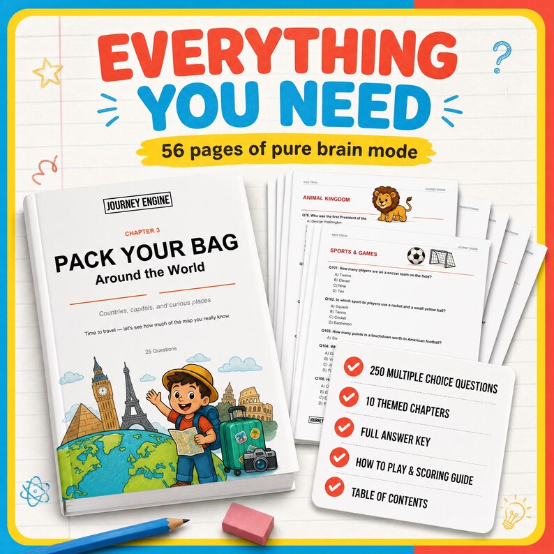 May include: A book titled Journey Engine Chapter 3 Pack Your Bag Around the World with a cartoon traveler, landmarks, and a globe on the cover. Beside it are loose quiz pages and a card listing 250 multiple choice questions and 10 themed chapters.