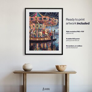 May include: A framed wall art print featuring a colorful carousel at night with illuminated lights and reflections on the ground. The text reads: Ready to print artwork included, High-resolution PNG + PDF sized for A3, Scalable SVG poster print up to 60x90 cm, No numbers, no outlines, just the finished art.