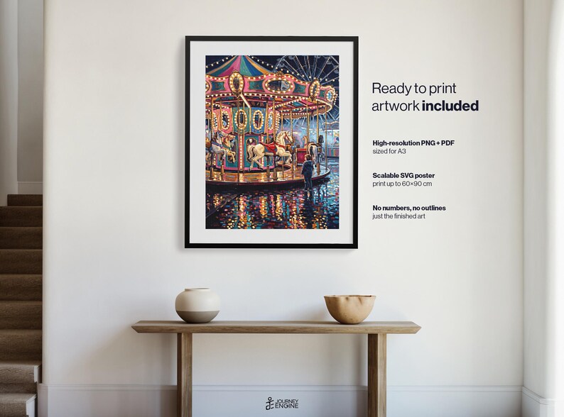 May include: A framed wall art print featuring a colorful carousel at night with illuminated lights and reflections on the ground. The text reads: Ready to print artwork included, High-resolution PNG + PDF sized for A3, Scalable SVG poster print up to 60x90 cm, No numbers, no outlines, just the finished art.