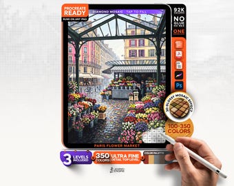 Digital Diamond Painting, Mystery Mosaic iPad, Paris Flower Market, French Cafe Procreate Art, 3 Levels, 92K Squares, Instant Download