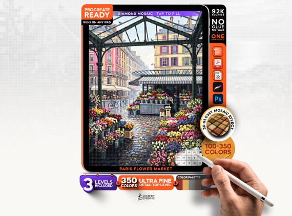 Paris Flower Market digital diamond painting mystery mosaic for iPad, French Cafe Mosaic