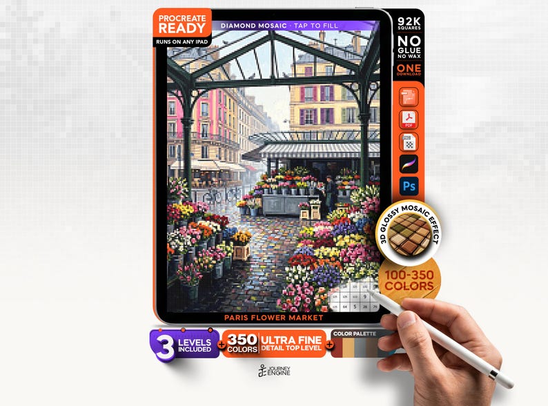 May include: A digital Procreate diamond mosaic kit featuring a Paris flower market scene. The interface displays 92K squares, 350 colors, and 3 levels of detail. Text includes Procreate Ready, Diamond Mosaic, Tap to Fill, and Paris Flower Market.