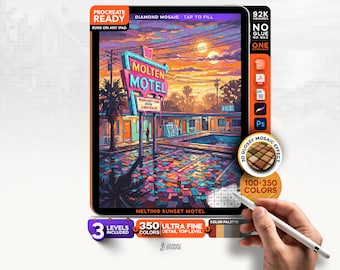 Digital Diamond Painting for iPad, Melting Sunset Motel Mosaic, Retro Color by Number Procreate File, 3 Levels, Digital Download