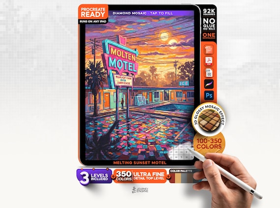Melting Sunset Motel digital diamond painting mystery mosaic for iPad, Retro Mosaic