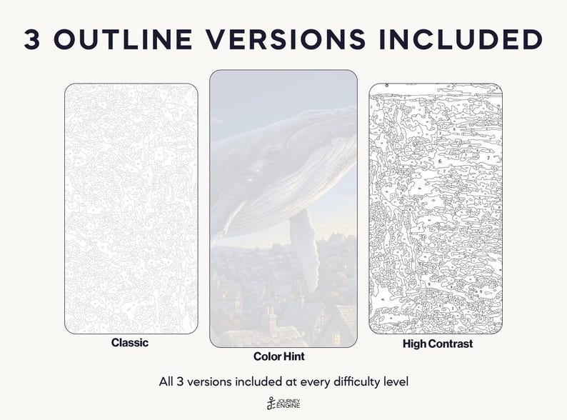 May include: Three paint-by-number templates labeled 3 OUTLINE VERSIONS INCLUDED. The left is a Classic line drawing, the center is a Color Hint version with a whale over a town, and the right is a High Contrast version with numbered sections.