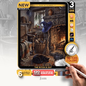 May include: A digital paint by number kit titled The Witch Is Out, featuring a cosy stone room with a fireplace, a black cat, a pointed hat, and a broom. The kit includes 120 colours, an interactive progress tracker, and six levels of detail.