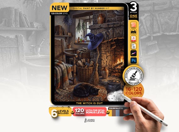 Cozy Witch Cottage paint by numbers digital kit, Fireplace Black Cat Art