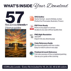 K&ouml;nnte beinhalten: Ein digitales Download-Paket mit 57 Dateien in 5 Schwierigkeitsstufen und 2 Bonus-Anleitungen. Enth&auml;lt SVG-Umrisse, druckfertige PDF-Dateien, hochaufl&ouml;sende 300-DPI-PNGs, einen Farbreferenzleitfaden mit Hex-Codes und eine Vorschau des Bildes.