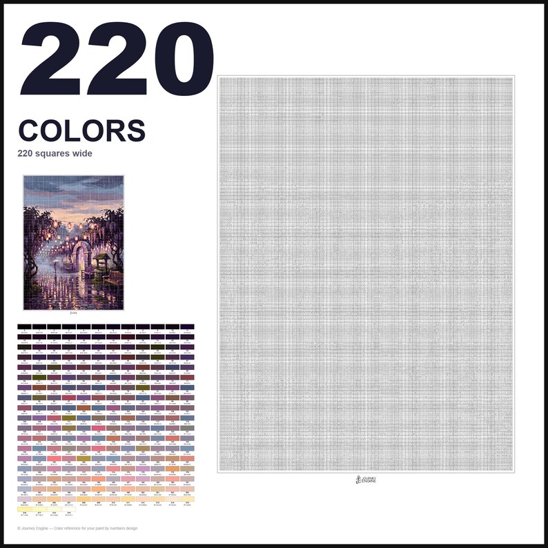 May include: A paint by numbers canvas featuring a grid of 220 colors, a reference image of a purple-toned evening garden scene with hanging lanterns, and a large blank white canvas area marked as 220 squares wide for the painting project.