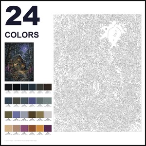 May include: A paint-by-numbers kit featuring 24 colors, a small reference image of a cottage in a forest at night with a crescent moon, and a large outlined canvas with numbered sections corresponding to the provided color palette.