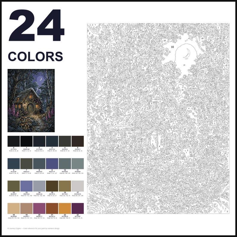 May include: A paint-by-numbers kit featuring 24 colors, a small reference image of a cottage in a forest at night with a crescent moon, and a large outlined canvas with numbered sections corresponding to the provided color palette.