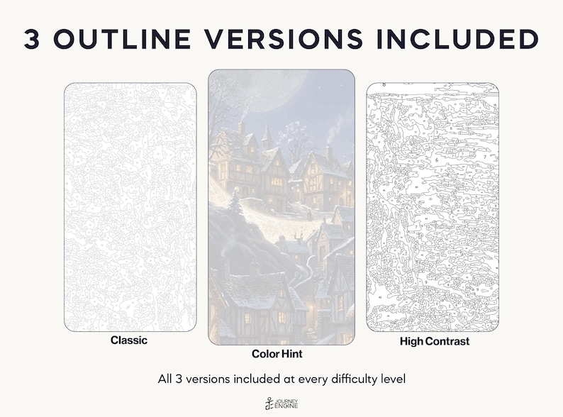 May include: Three paint-by-number templates featuring a winter village scene. The left is a classic line drawing, the center is a color hint version with a moonlit snowy town, and the right is a high contrast numbered outline. Text reads 3 OUTLINE VERSIONS INCLUDED.