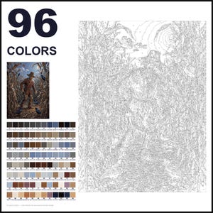 May include: A paint-by-numbers kit featuring 96 colors, a reference image of a scarecrow in a cornfield with crows, and a large outlined canvas. The text 96 COLORS is printed in large dark blue font at the top left of the white layout.