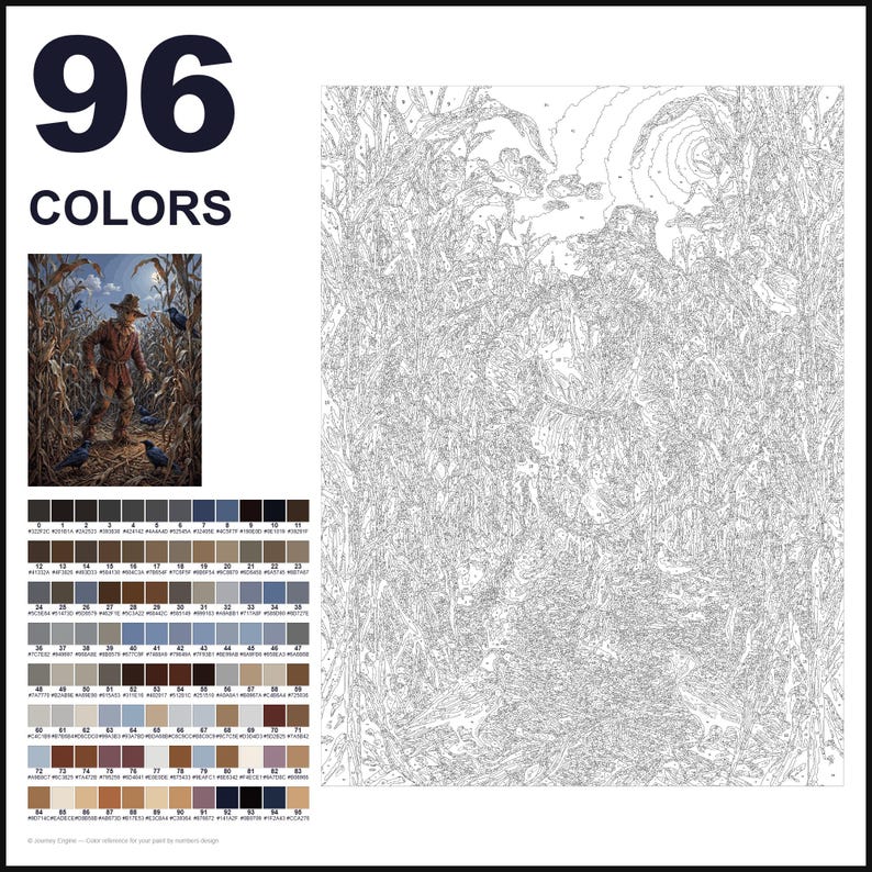 May include: A paint-by-numbers kit featuring 96 colors, a reference image of a scarecrow in a cornfield with crows, and a large outlined canvas. The text 96 COLORS is printed in large dark blue font at the top left of the white layout.