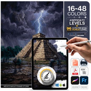 Chichen Itza Paint by Numbers Digital | 5 Levels 16-96 Colors | Svg Pdf Png Procreate | Mexico Maya Pyramid Storm Printable Wall Art