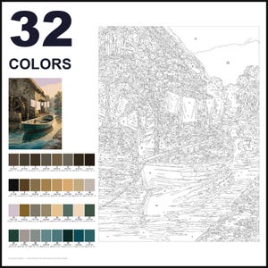 May include: A paint-by-numbers kit featuring a 32-color palette and a numbered outline of a water mill scene with a boat. The design includes a small color reference image showing a stone building, a water wheel, and a boat on a river.